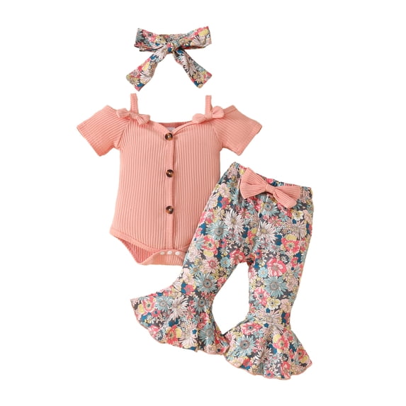 Suealasg 3Pcs Baby Girls Clothes 6 to 9 Month Newborn Girl Summer Casual Outfits Cold Shoulder Short Sleeves Romper and Elastic Floral Flare Pants Headband