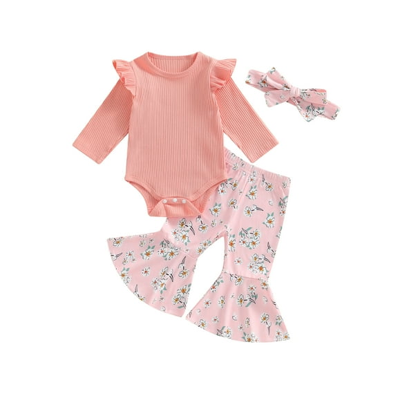 Suealasg 3Pcs Baby Girls Fall Outfits 3 6 Months Newborn Girls Long Sleeve Ribbed Romper Floral Flare Pants Headband Sets 9 12 18 Months Infant Girls Autumn Clothes