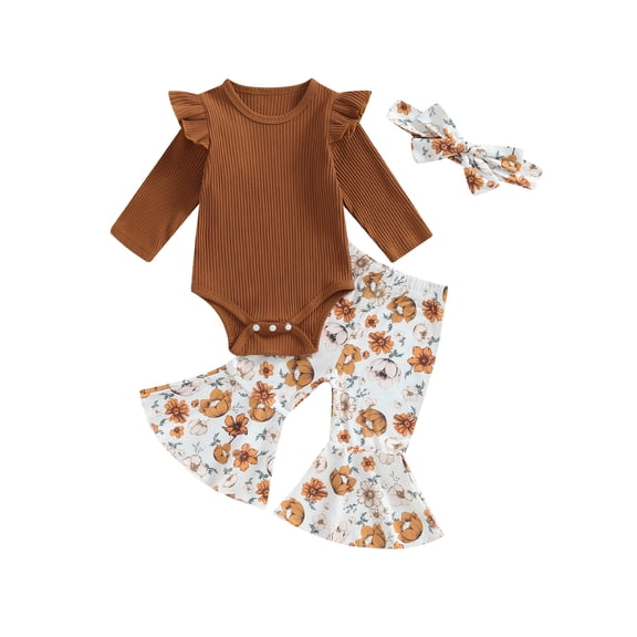 Suealasg 3Pcs Baby Girls Fall Outfits 3 6 Months Newborn Girls Long Sleeve Ribbed Romper Floral Flare Pants Headband Sets 9 12 18 Months Infant Girls Autumn Clothes