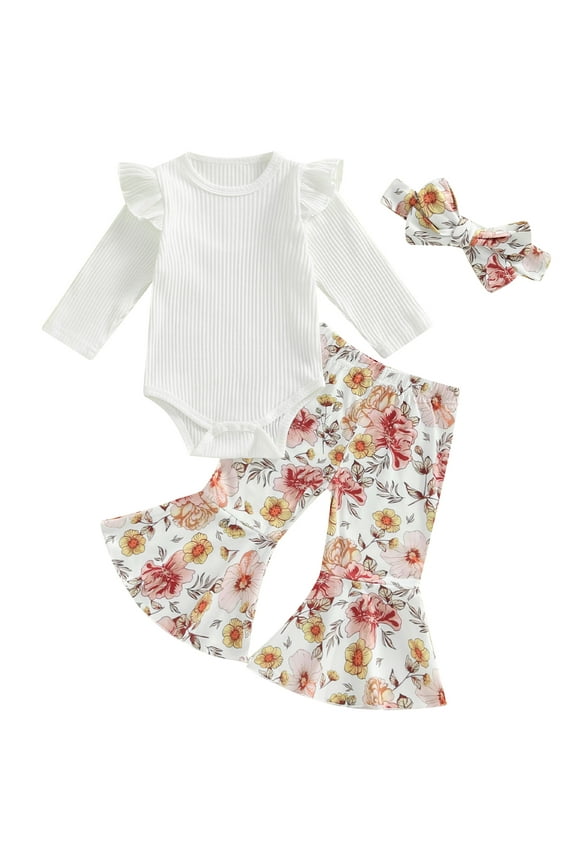 3Pcs Baby Girls Fall Outfits 3 6 Months Newborn Girls Long Sleeve Ribbed Romper Floral Flare Pants Headband Sets 9 12 18 Months Infant Girls Autumn Clothes