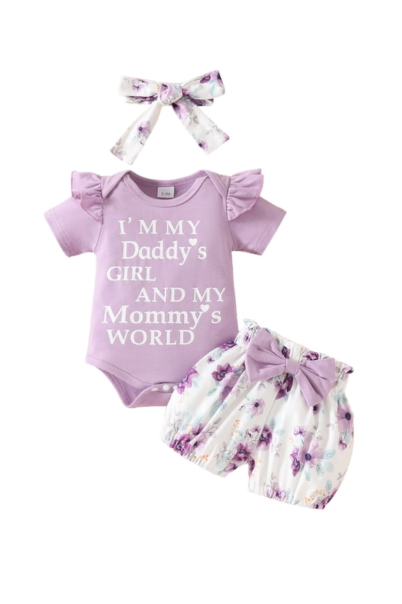 3Pcs Baby Girls Father's Day Outfit 3 6 9 12 18 Months Infant Girls Short Sleeve Letter Print Romper + Floral Print Shorts + Headband Set  Newborn Girl Summer Clothes