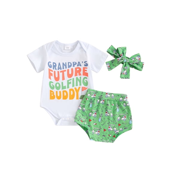 Suealasg 3Pcs Baby Girls Golf Outfits Short Sleeve Letter Print Rompers Cart Print Shorts Headband 3M 6M 12M 18M Newborn Girls Summer Casual Clothes