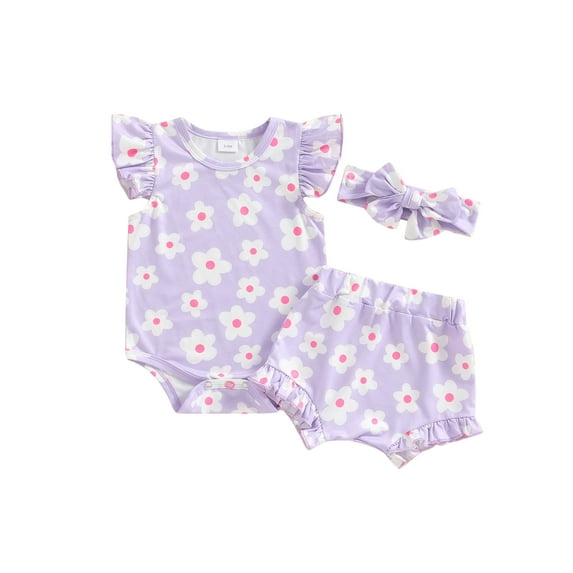 Suealasg 3Pcs Baby Girls Outfits Newborn Girls Summer Shorts Sets Flying Sleeve Strawberry/Floral Print Romper Shorts Headband Sets 0-6 Months