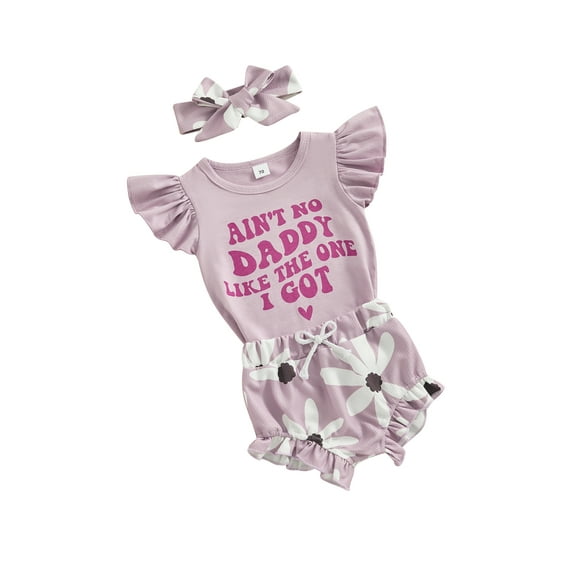 Suealasg 3Pcs Baby Girls Summer Clothes Outfit Fly Sleeve Letters Romper with Flower Print Shorts and Hairband Infant Newborn Mother's Day Outfit