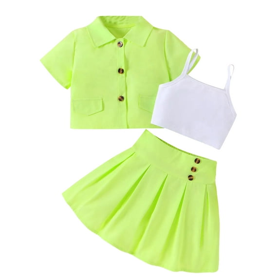 Suealasg 3Pcs Kid Girls Summer Clothes Short Sleeve Button Up Shirt + Cami Tops + Skirt Set 4T 5T 6T 7T Little Girls Spring Outfits