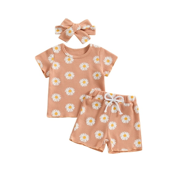 Suealasg 3Pcs Kids Baby Girl Summer Waffle Clothes 6M 1T 2T 3T Toddler Girl Casual Beach Outfits Short Sleeve Floral Print T-Shirts Tops +Elastic Waist Shorts +Headband Set