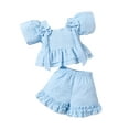 thumbnail image 1 of Suealasg 3Pcs Little Girls Summer Outfits 2T 3T 4T 5T 6T 7T Kids Girl Clothes Short Sleeve Bow Front Ruffle Tops + Shorts Set, 1 of 7