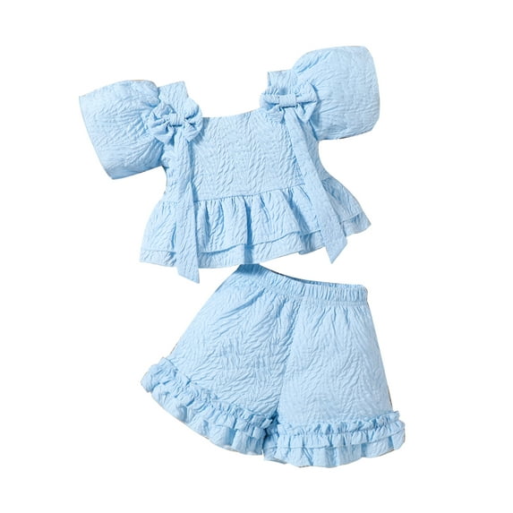 Suealasg 3Pcs Little Girls Summer Outfits 2T 3T 4T 5T 6T 7T Kids Girl Clothes Short Sleeve Bow Front Ruffle Tops + Shorts Set