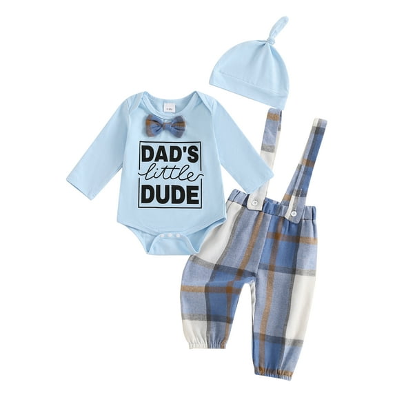 Suealasg 3Pcs Newborn Baby Boy Fall Outfits Clothes Set 3 6 12 18 Months Infant Boy Crew Neck Long Sleeve Letter Print Romper Plaid Suspender Pants Hat Set