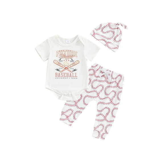 Suealasg 3Pcs Newborn Baby Boys Girls Baseball Outfits Short Sleeve Crew Neck Letter Print Romper + Pants + Hat Set Infant Summer Sport Clothes