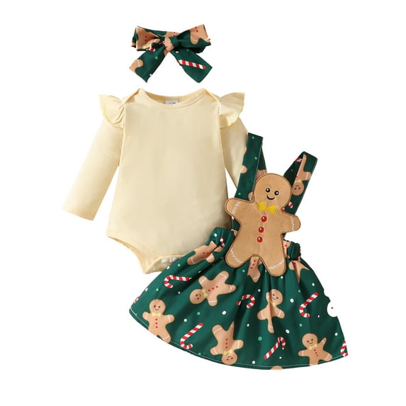Suealasg 3Pcs Newborn Baby Girl Fall Winter Clothes Long Sleeve Romper Gingerbread Man Santa Claus Suspender Skirt Headband Set 3 6 9 12 18 Months Infant Girl Christmas Outfit