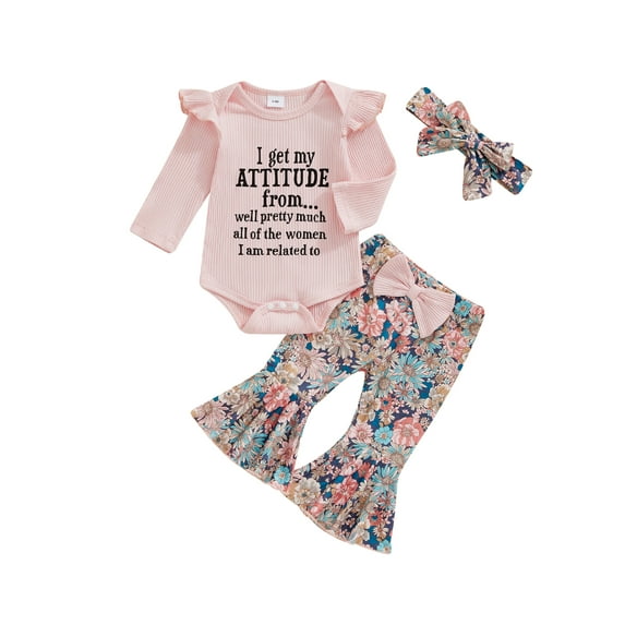 Suealasg 3Pcs Newborn Baby Girls Fall Outfits Clothes Set 3 6 12 18 Months Infant Girls Crew Neck Long Sleeve Letter Print Ribbed Romper Flower Flare Pants HeadbandSet
