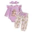 thumbnail image 1 of Suealasg 3Pcs Newborn Baby Girls Fall Outfits Clothes Set 3 6 9 12 18 Months Infant Girls Crew Neck Long Sleeve Bear Print Romper Long Pants Headband Set, 1 of 8
