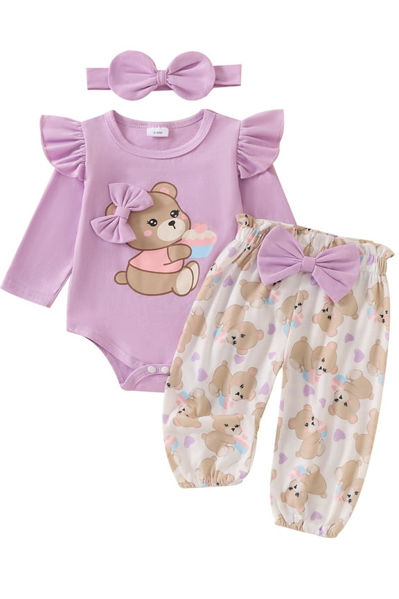 3Pcs Newborn Baby Girls Fall Outfits Clothes Set 3 6 9 12 18 Months Infant Girls Crew Neck Long Sleeve Bear Print Romper Long Pants Headband Set