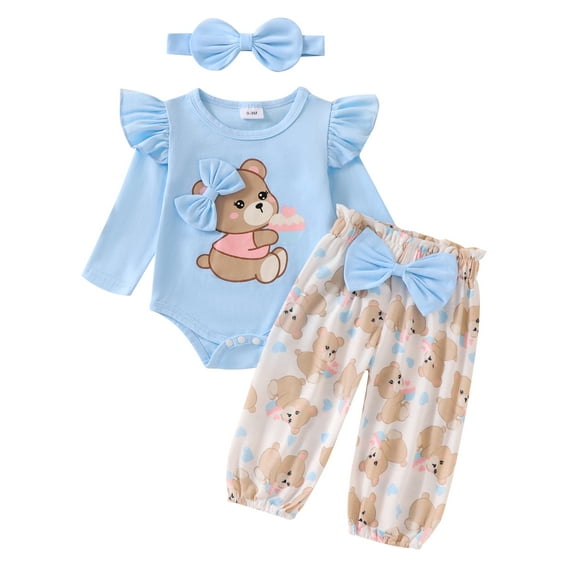 Suealasg 3Pcs Newborn Baby Girls Fall Outfits Clothes Set 3 6 9 12 18 Months Infant Girls Crew Neck Long Sleeve Bear Print Romper Long Pants Headband Set