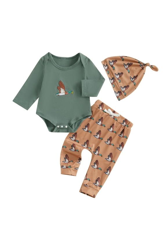 3Pcs Newborn Boys Spring Fall Clothes Baby Boys Outfit 3 6 Months Infant Long Sleeve Duck Print Romper Long Pants Hat
