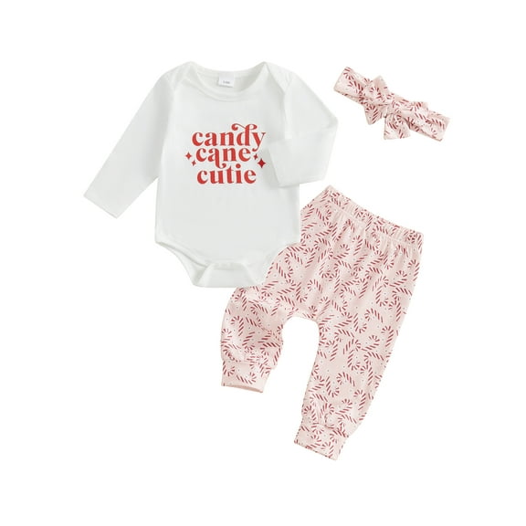 Suealasg 3Pcs Newborn Girls Spring Fall Clothes Baby Girls Christmas Outfit 3 6 12 18 Months Infant Girls Long Sleeve Letters Print Romper Candy Cane Print Long Pants Headband