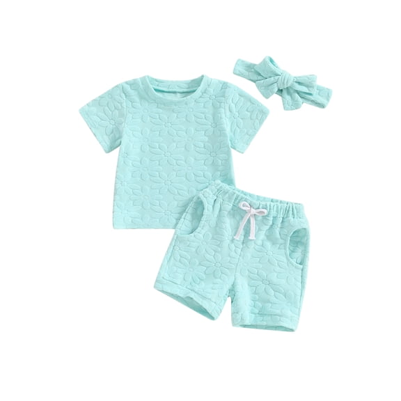 Suealasg 3Pcs Toddler Girl Summer Clothes 3M 6M 12M 18M 24M 3T Baby Girl Casual Beach Outfits Short Sleeve Flower Print T-Shirt and Elastic Shorts Set Hairband
