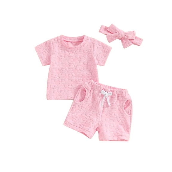 Suealasg 3Pcs Toddler Girl Summer Clothes 3M 6M 12M 18M 24M 3T Baby Girl Casual Beach Outfits Short Sleeve Flower Print T-Shirt and Elastic Shorts Set Hairband