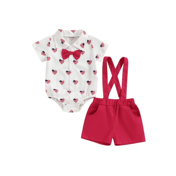 Suealasg 4th of July Baby Boys Gentleman Suit Short Sleeve Patriotic Heart Print Button Romper with Bow Tie+ Suspender Shorts 2Pcs Newborn Summer Formal Wear Clothes