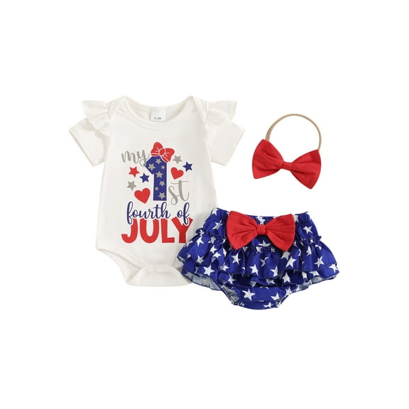 Suealasg 4th of July Baby Girls Outfits Letter Print Short Sleeve Rompers Bowknot Ruffles Stars Print Shorts Headband 3 6 12 18 Months Newborn Summer 3Pcs Clothes Set