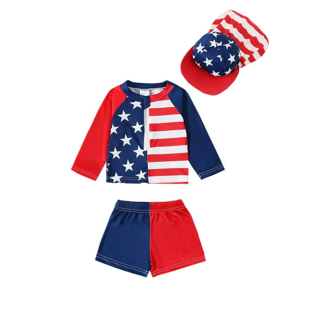 Suealasg 4th of July Toddler Baby Boys 3Pcs Rash Guard Swimsuit Set 1T 2T 3T 4T 5T Long Sleeve Stars Stripe Print Swim Tops and Trunks Hat Kids Summer Swimwear Bathing Suit