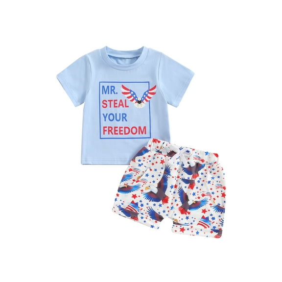 Suealasg 4th of July Toddler Baby Boys Outfits 2Pcs Newborn Boys Summer Independence Day Clothes Letter Print Short Sleeve T-Shirts Tops   Flag Print Shorts 0-4 Years
