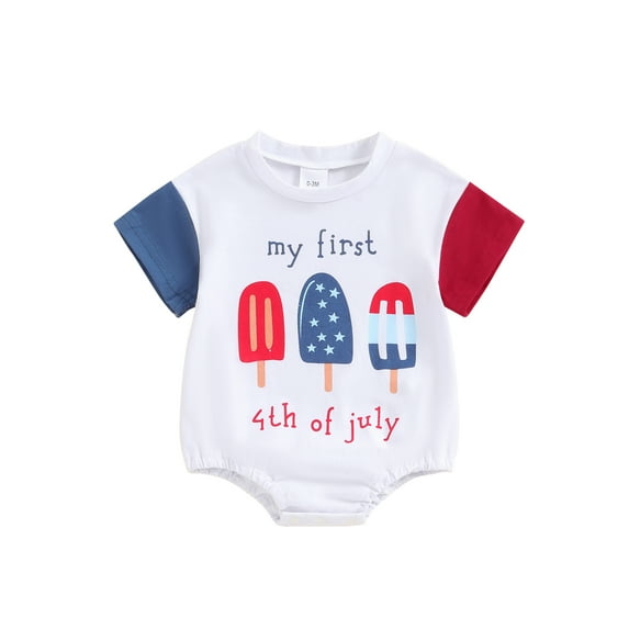 Suealasg 4th of July Baby Boy Girl Romper 3 6 12 18 Month Short Sleeve Crew Neck Ice Cream Print Bodysuit Newborn Summer Playsuit