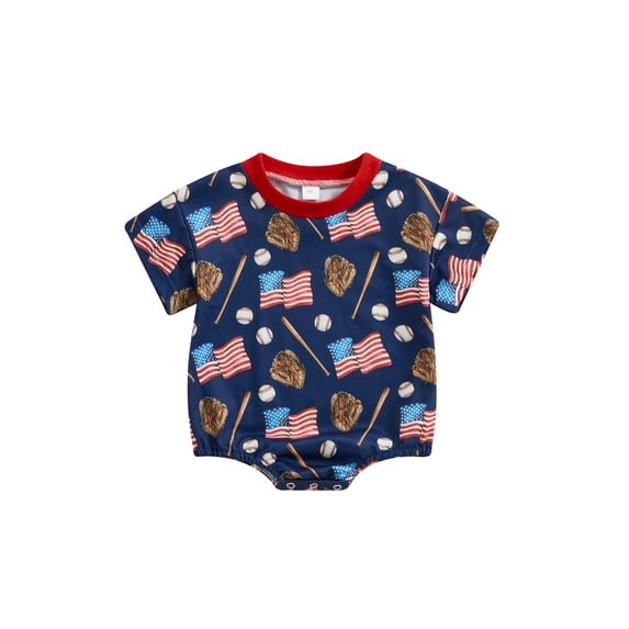 Suealasg 4th of July Baby Boys Girls Baseball Outfits Short Sleeve Flag Print Romper Bodysuit Jumpsuit Newborn Boys Girls Summer Clothes