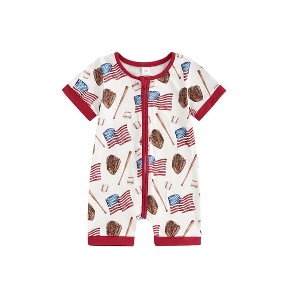 Suealasg 4th of July Baby Girls Boys Outfits Short Sleeve Flag Print Bodysuits Infant Baseball Jumpsuits Newborn Summer Patriotic Clothes