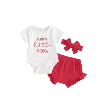 Suealasg 4th of July Baby Girls Outfits Short Sleeve Letter Embroidery Rompers Shorts Headband 3Pcs Newborn Girls Summer Clothes Set