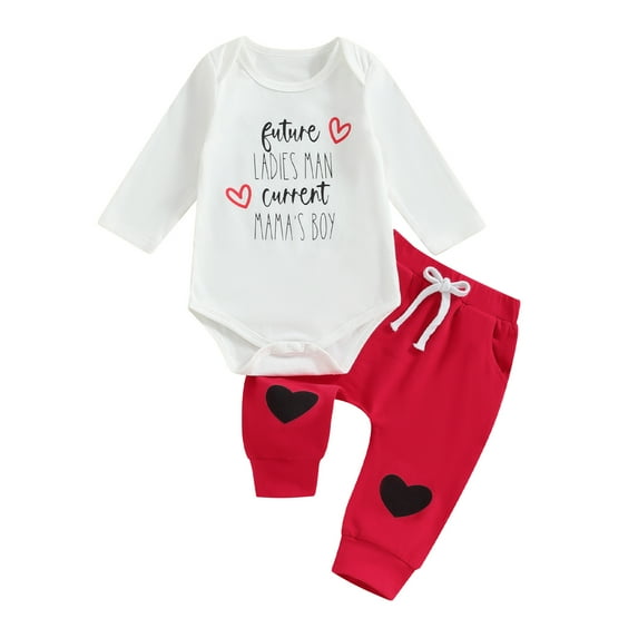 Suealasg Baby Boy Clothes 2pcs Infant Boy Spring Valentine's Day Outfits Long Sleeve Letter Heart Print Romper Bodysuit + Elastic Pants Set