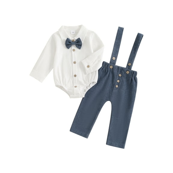 Suealasg Baby Boy Fall Gentleman Suits Clothes Long Sleeve Button up Bowtie Shirt Romper and Suspender Overalls Pants 3 6 12 18 Months Infant Boys Autumn Casual 2Pcs Outfits Set