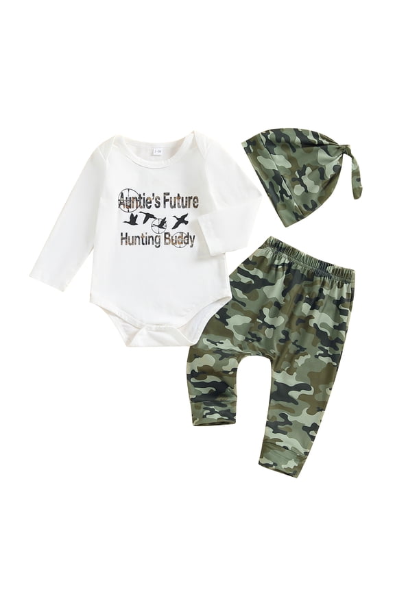 Baby Boy Fall Outfit 3Pcs Newborn Boys Clothing 3 6 9 12 Months Infant Boy Long Sleeve Letters Print Romper + Camouflage Sweatpants + Hat Set