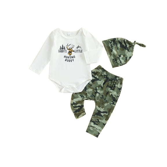 Suealasg Baby Boy Fall Outfit 3Pcs Newborn Boys Clothing 3 6 9 12 Months Infant Boy Long Sleeve Letters Print Romper Camouflage Sweatpants Hat Set