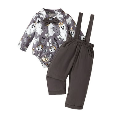 Suealasg Baby Boy Gentleman Suit Outfit Long Sleeves Dinosaur/Ghost Print Romper with Bow Tie  Suspender Pants Set 3 6 12 18 Months Infant Boys 2Pcs Fall Formal Wear Clothes