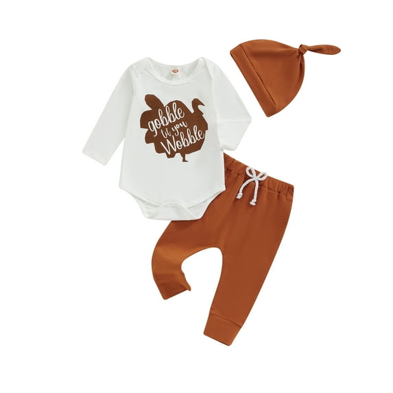 Suealasg Baby Boy Girl Thanksgiving Outfit 3Pcs Newborn Fall Winter Clothing 3 6 9 12 Months Infant Long Sleeve Turkey Letter Print Romper + Long Pants + Hat Set