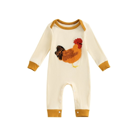 Suealasg Baby Boy Girls Farm Clothes Western Country Rooster Print Romper 3 6 9 12 Months Newborn Long Sleeves Round Neck Full Length Jumpsuit