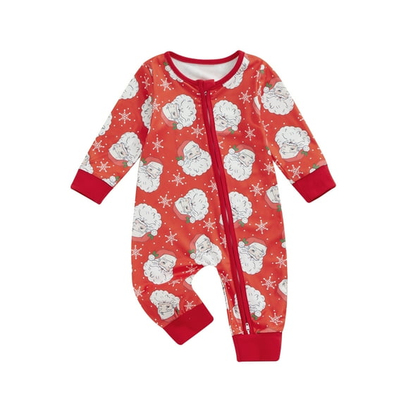 Suealasg Baby Boy Girls Pajamas Rompers Newborn Christmas Clothes Long Sleeve Santa Claus Print One-Piece Pajamas Infant Zip-Up Footless Pjs Full Length Jumpsuits
