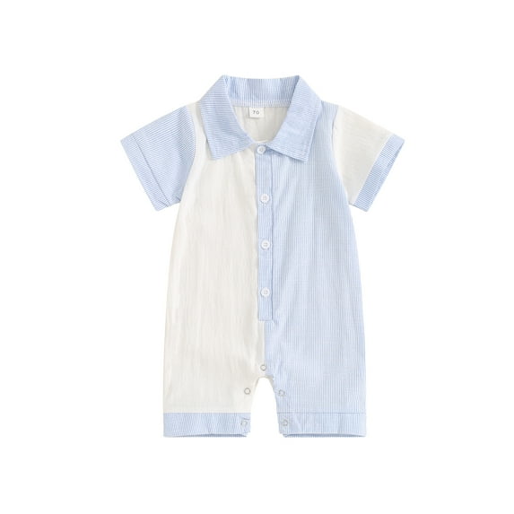 Suealasg Baby Boy Jumpsuit 3 6 12 18 Months Infant Summer Short Sleeve Lapel Collar Stripes Print Romper Newborn Boy Playsuit