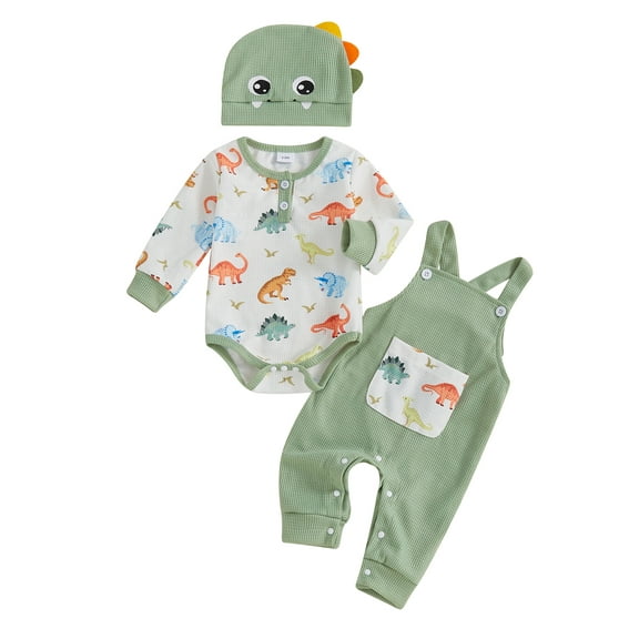 Suealasg Baby Boy Outfits Long Sleeve Dinosaur Print Romper + Overalls Long Pants + Hat Set Infant Boy Spring Fall Clothes