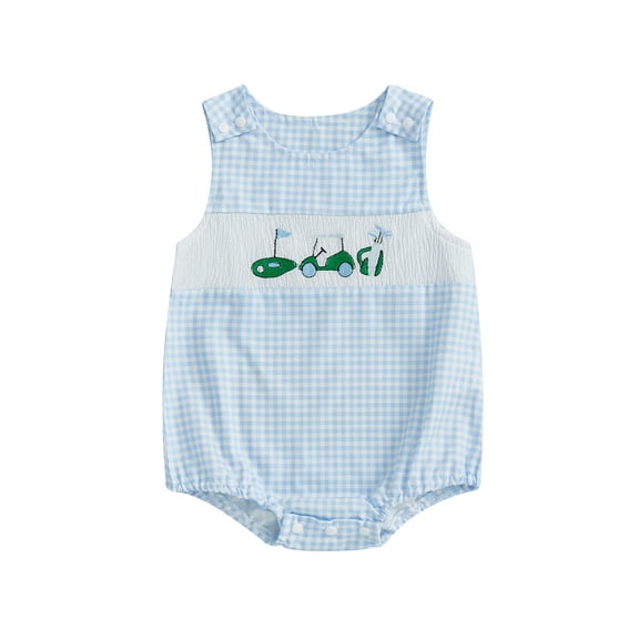 Suealasg Baby Boy Romper for Summer Loose Fit Golf Embroidery Plaid Smocked Crew Neck Sleeveless Infant Jumpsuit