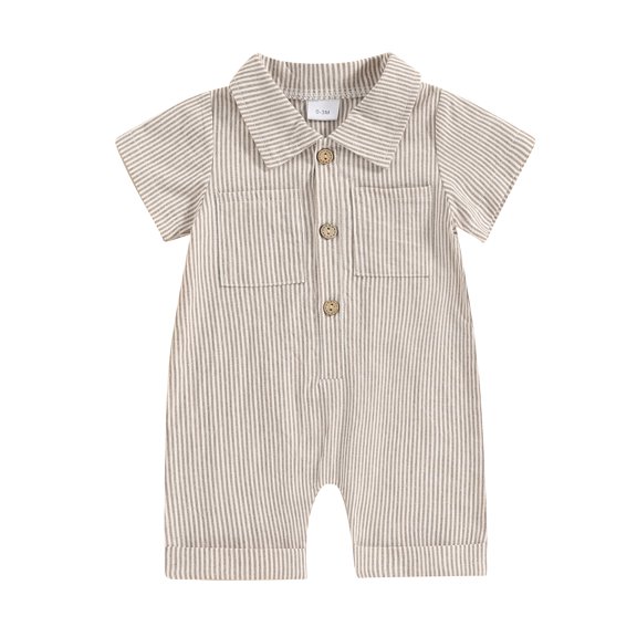 Suealasg Baby Boy Summer Outfits Newborn Boy Rompers Stripe Print Lapel Short Sleeve Button Down Jumpsuits 3 6 12 18 Months Infant Clothes 0-18M