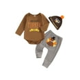 thumbnail image 1 of Suealasg Baby Boy Thanksgiving Clothes Long Sleeve Letter Print Romper Turkey Print Long Pants Hat Sets 3 6 12 18 Months Infant Boy 3Pcs Spring Fall Outfits, 1 of 8
