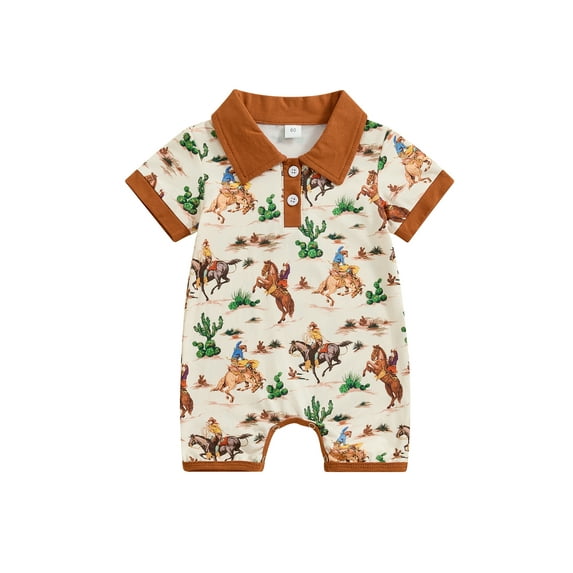 Suealasg Baby Boy Western Jumpsuit 3 6 12 18 Months Infant Short Sleeve Lapel Neck Cow Cactus Print Romper Pants Newborn Summer Clothes