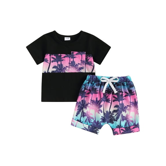 Suealasg Baby Boys 2 Piece Summer Beach Clothes Set Short Sleeve Leaf Print Patchwork Tops + Shorts Set 6M 1T 2T 3T Toddler Boys Casual Vacation Outfits