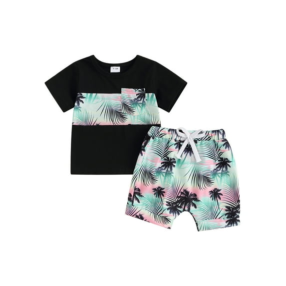 Suealasg Baby Boys 2 Piece Summer Beach Clothes Set Short Sleeve Leaf Print Patchwork Tops + Shorts Set 6M 1T 2T 3T Toddler Boys Casual Vacation Outfits