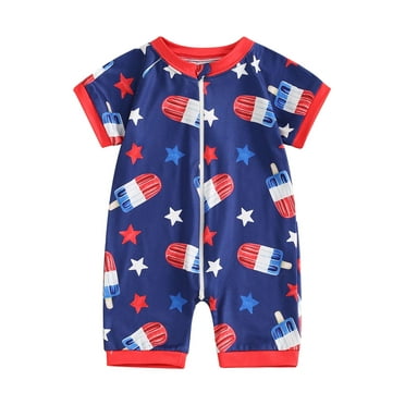 Suealasg Baby Boys 4th of July Jumpsuit Short Sleeve Round Neck Ice Cream Stars Print Romper Pants 3 6 12 18 Months Newborn Summer Independence Day Playsuit