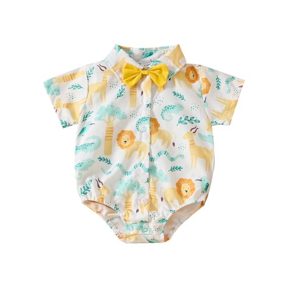 Suealasg Baby Boys Clothes 3M 6M 9M 12M 18M Short Sleeve Tree Print Button Bowtie Romper Jumpsuit Baby One Piece Outfit