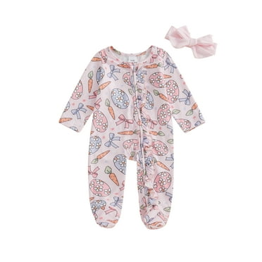 Suealasg Baby Boys Easter Romper Headband Carrot Eggs Print Long Sleeve Full Length Jumpsuit Newborn Spring Clothes